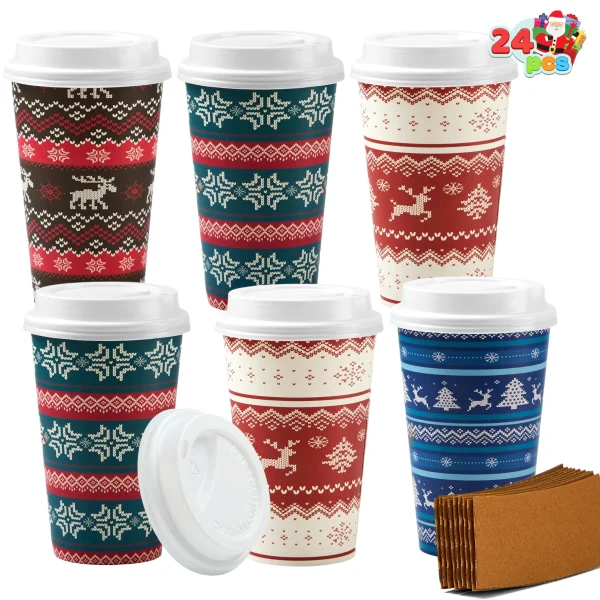 24 PCS Christmas Paper Cups 16 oz, Disposable Coffee Cups