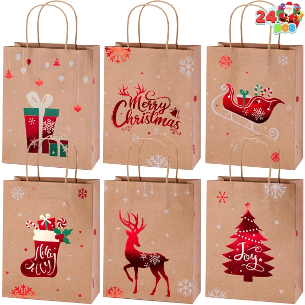 24 Pieces Christmas Kraft Gift Bags 7"x9"x 3.5" Red Foil Paper Goody