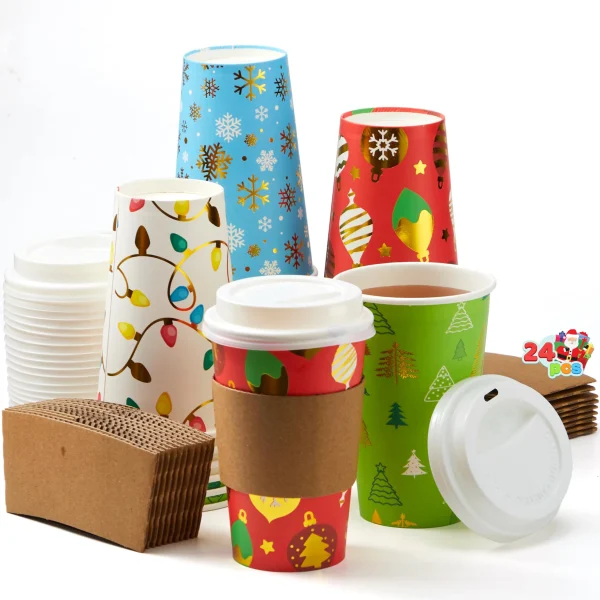24Pcs 16 oz 6 Designs Christmas Disposable Paper Cups With Cup Sleeves and Lids