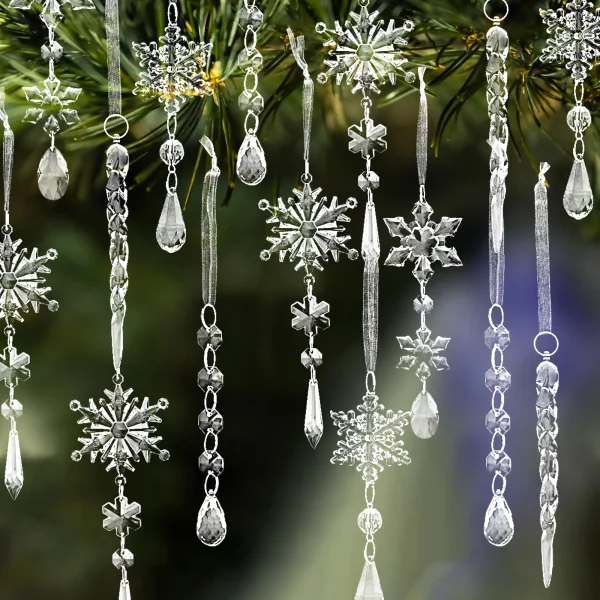 24Pcs 5.3in Acrylic Snowflake and Icicle Ornament for Christmas Tree Blown Decoration