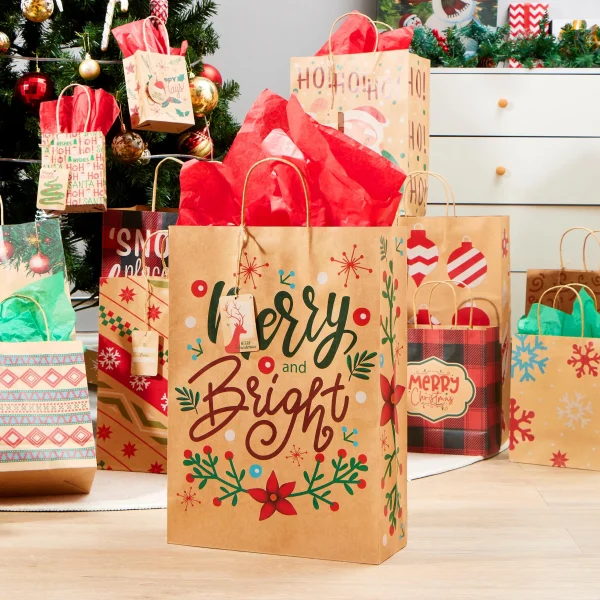 24Pcs Christmas Kraft Paper Gift Bags Assorted Sizes Set
