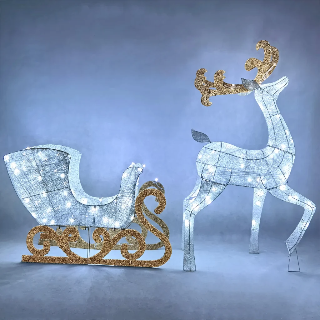 LED White Lighted Reindeer and Sleigh