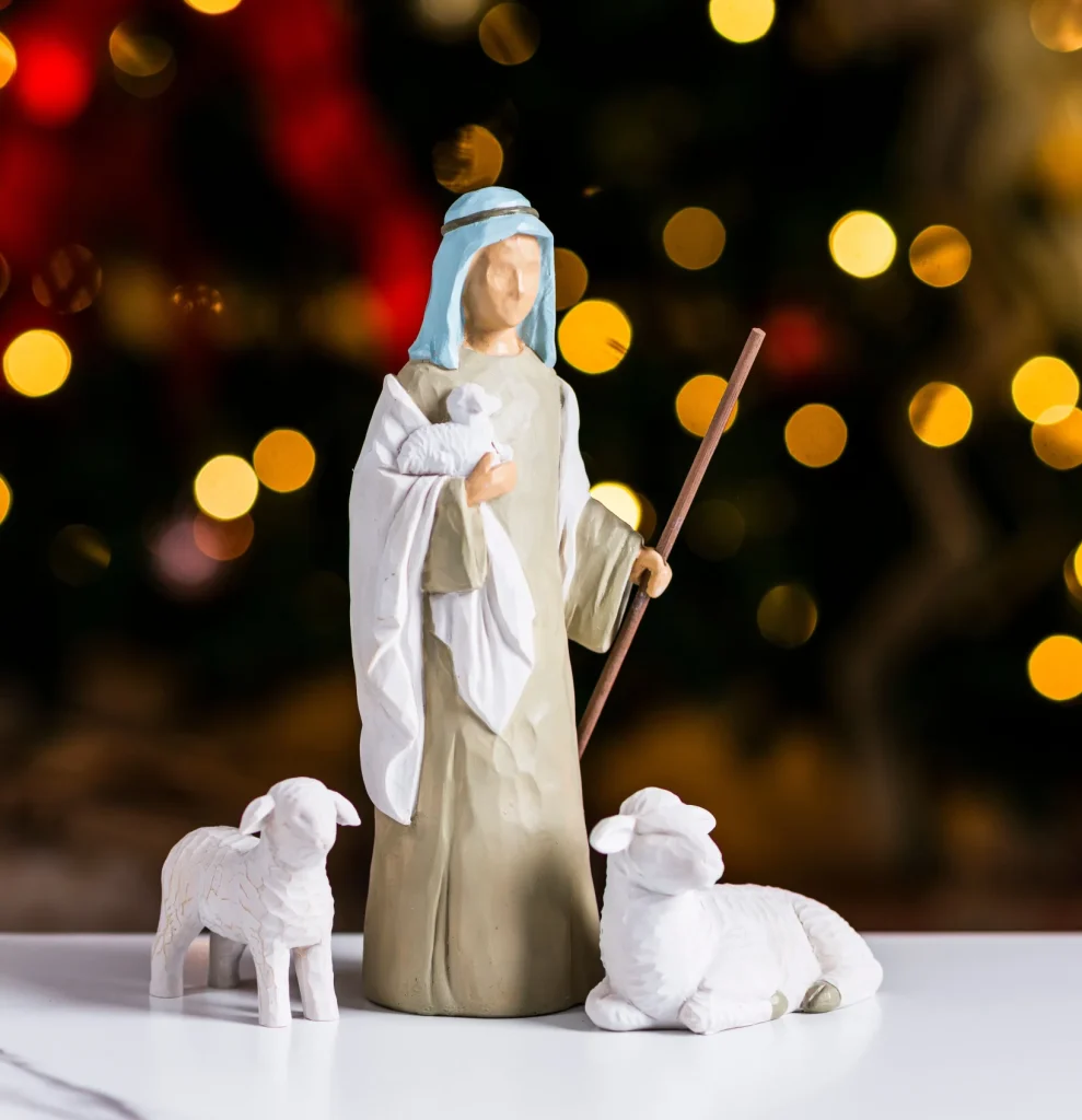 Shepherd and Stable Sheep Resin Nativity Figurine