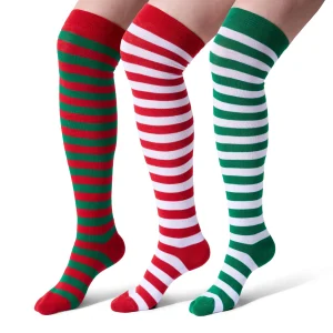 3 Pairs Womens Christmas Striped Long Socks