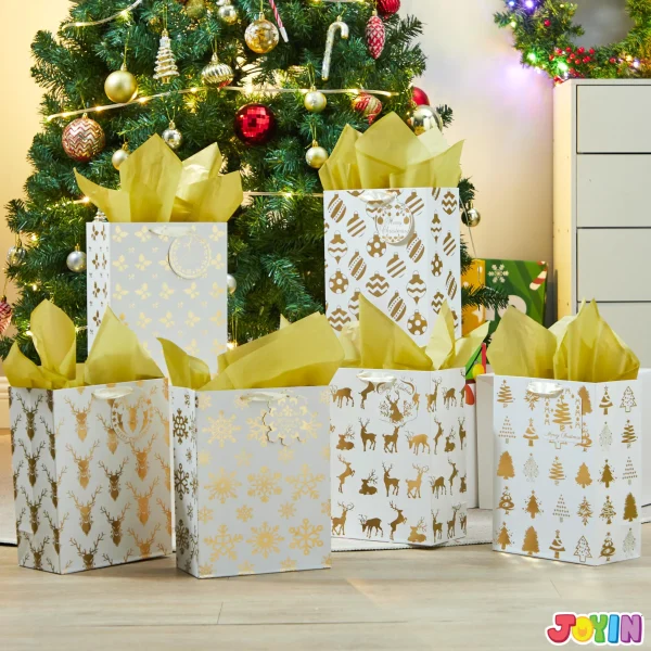 6 PCS Christmas Holiday Foil Gold Gift Bags 8