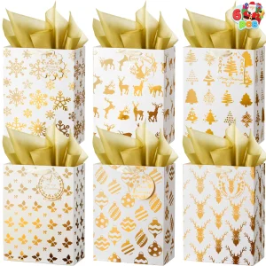 6 PCS Christmas Holiday Foil Gold Gift Bags 8″ x4.5″ x10.5″