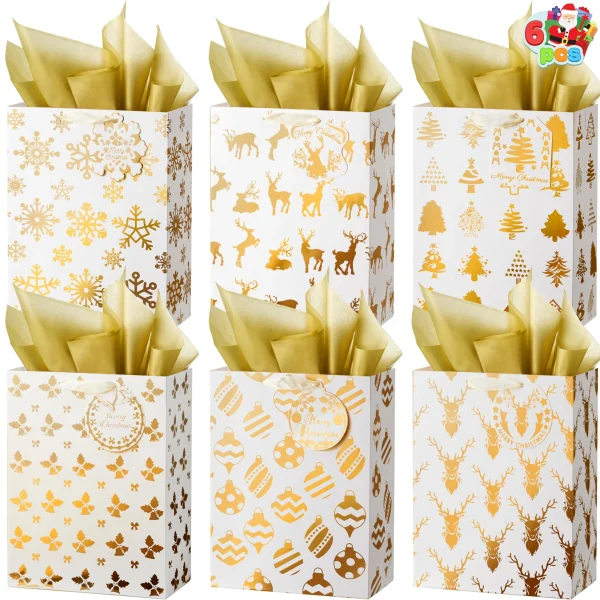 6 PCS Christmas Holiday Foil Gold Gift Bags 8" x4.5" x10.5"