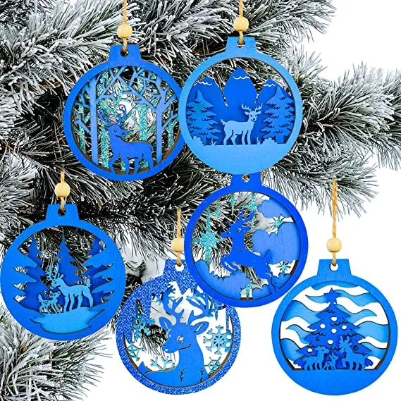 Reindeer Carved Blue Wooden Christmas Ornaments