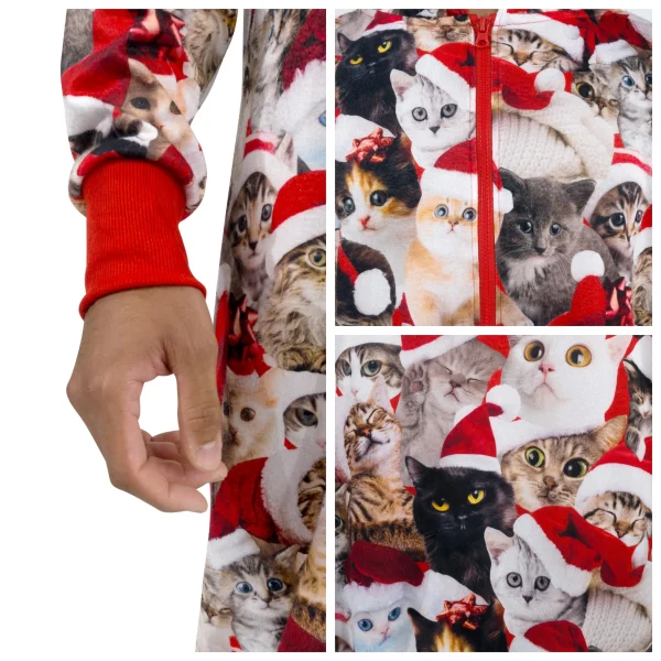 Adults Cute Cat Print Christmas Hooded Pajamas