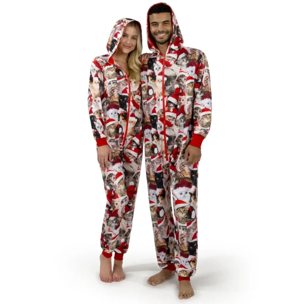 Men Cute Cat Print Christmas Hooded Pajamas, Adults Christmas Pajamas Outfits