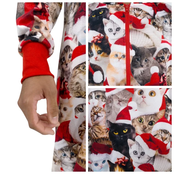 Adullt Cute Cat Print Christmas Hooded Pajamas