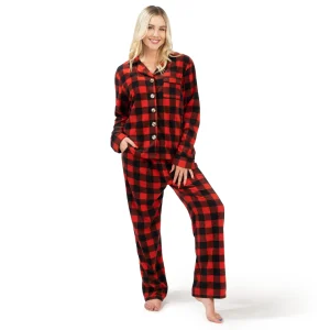 Womens Red Classic Plaid Christmas Fleece Pajamas