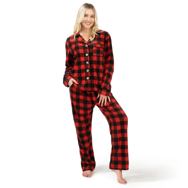 Red Classic Plaid Christmas Cozy Fleece Long Sleeve Pajamas for Women (6)