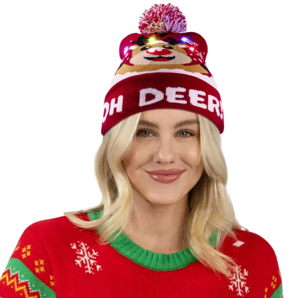 Unisex Adult Colorful Flashing LED Light-up Christmas Reindeer Beanie Hat