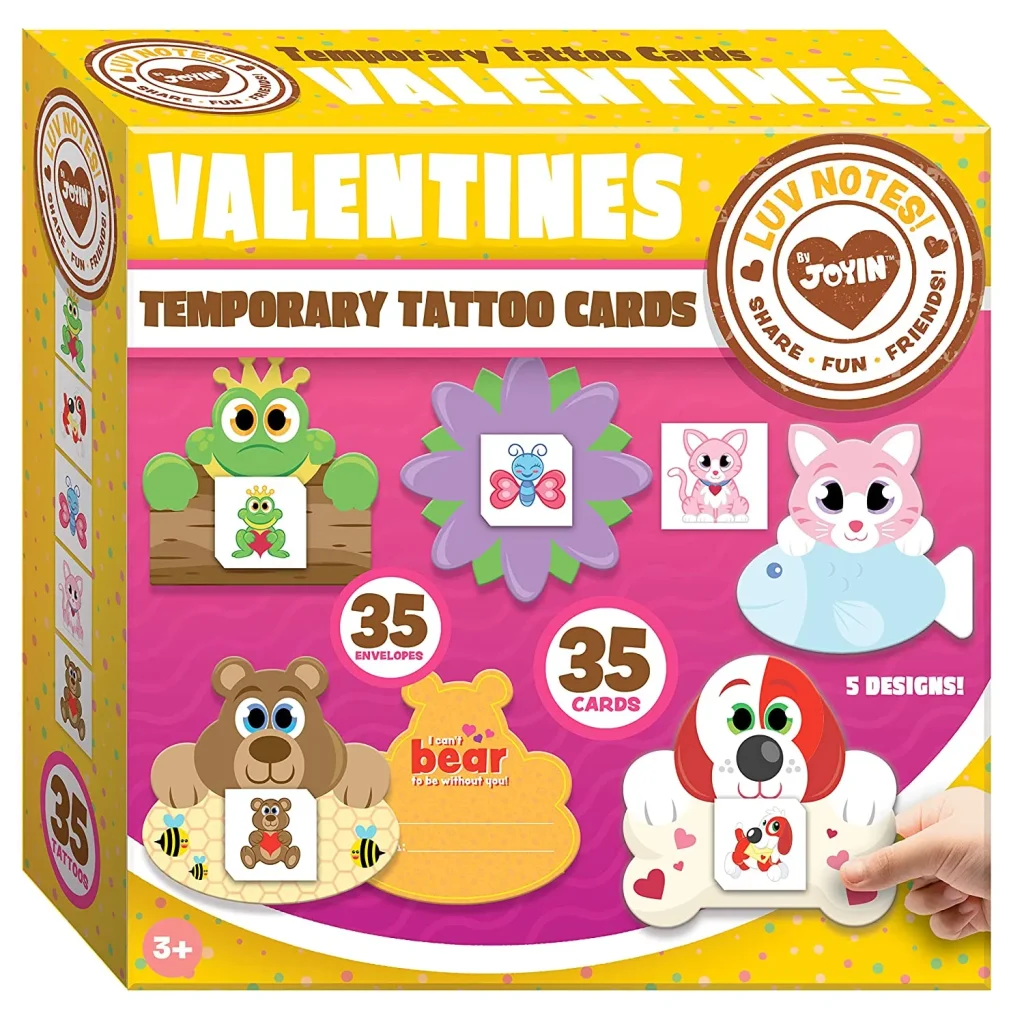 Cards and Animal Themed Temporary Tattoos Kids Valentines Gifts
