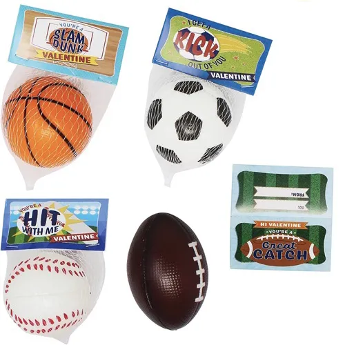 Kids Valentines Cards with Mini Sports Stress Balls
