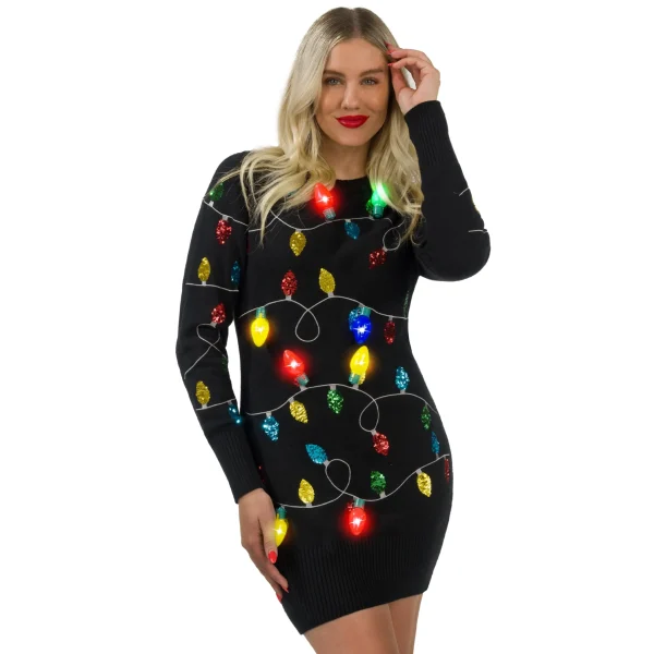 Women Black Long Christmas Sweater Dress with Colorful Light Up Bulbs