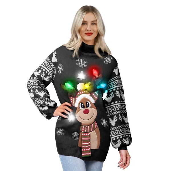 Women's Christmas Reindeer Ugly Long Sweater LED Light Up Sweater
