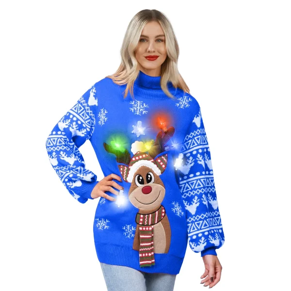 Women's Christmas Reindeer Ugly Long Sweater LED Light Up Xmas Sweater