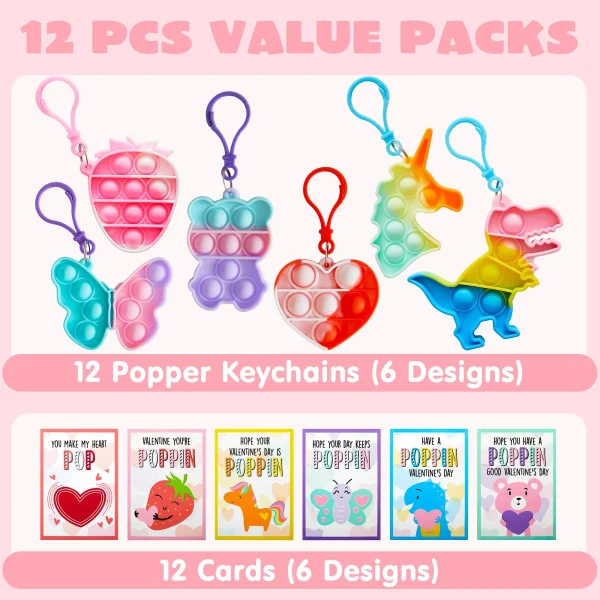 12 Packs Valentine's Day Cards with Fidget Keychain Toys