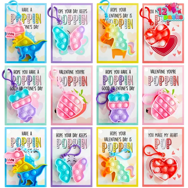 12 Packs Valentine's Day Cards with pop Fidget Keychain Toys