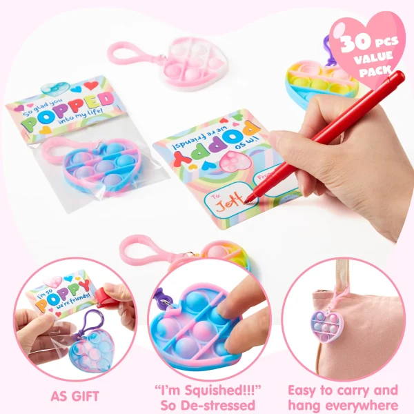 30 Packs Valentine Cards with Heart Shape Fidget Toys