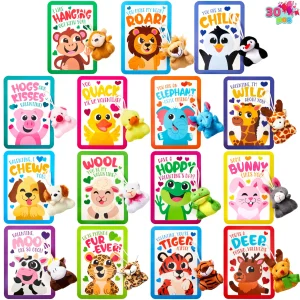 30 Packs Valentine’s Cards with Animal Plush Toy for Kids