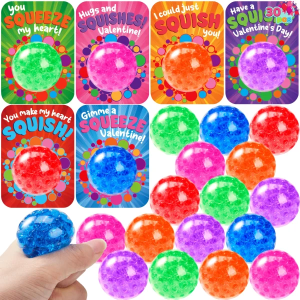 30 Packs Valentine's Day Water Droplets Stretchy Balls with Cards