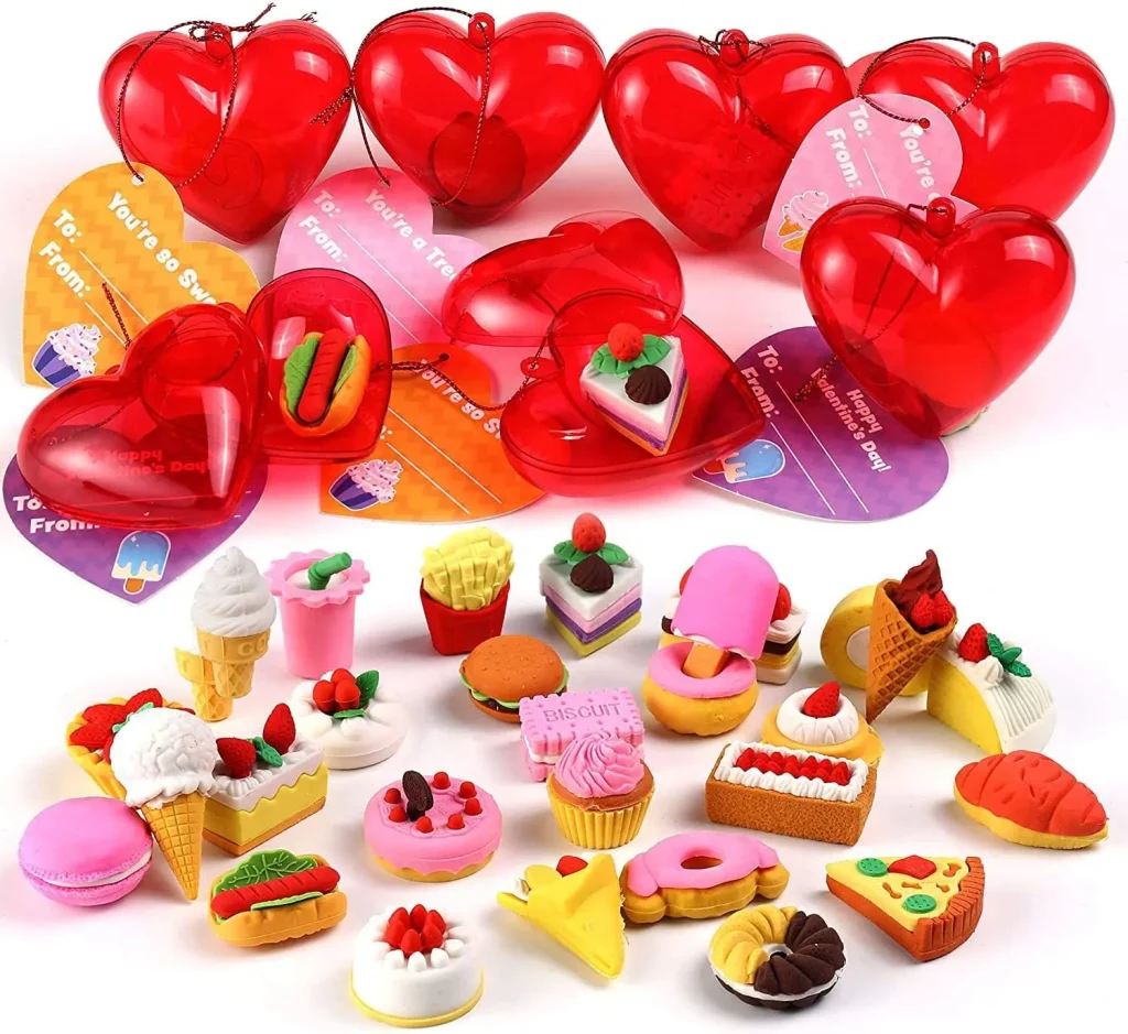 Food Erasers Filled Hearts with Valentines Cards for Kids