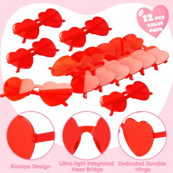 12 Pack Valentine's Day Heart Shape Rimless Glasses Classroom Exchange Gift for Kids