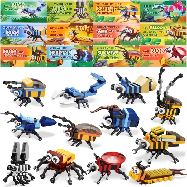 24 Packs Valentines Party Gift Cards with Insect Building Block for Kids Classroom Exchange
