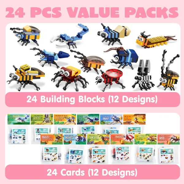 24 Packs Valentines Party Gift Cards with Insect Building Blocks