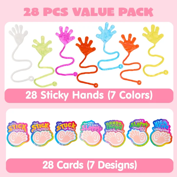 28 Pack Valentine's Day Sticky Hands with Cards
