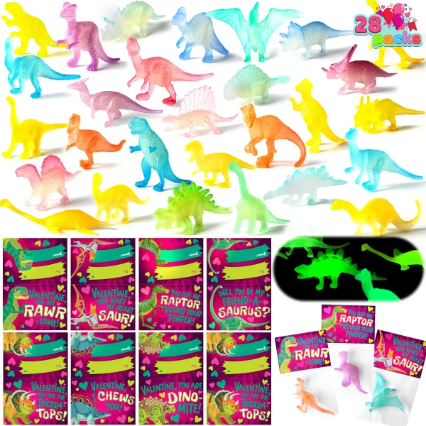 28 Packs Valentines Day Cards with Glow in Dark Dinosaur Toys for Kids Classroom Exchange Prizes (4)