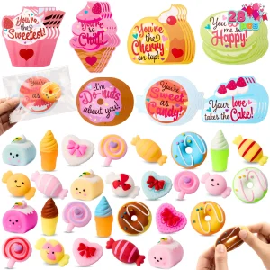 28 Packs Valentine’s Day Gift Cards with Candy Mochi Squishy Toys