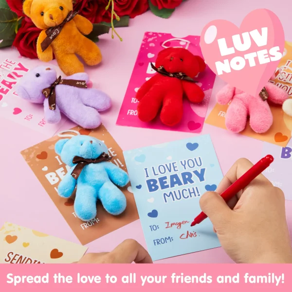 28 Packs Valentine's Day Gift Cards with Mini Bears Plush Toy for Kids Classroom School Exchange