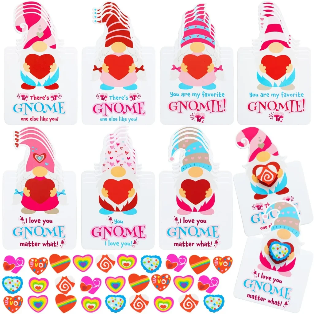 Gnomes Heart Kids Valentines Cards with Erasers