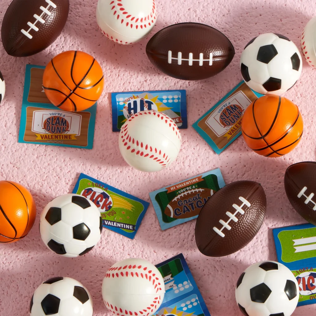  Mini Sports Stress Balls with Kids Valentines Cards