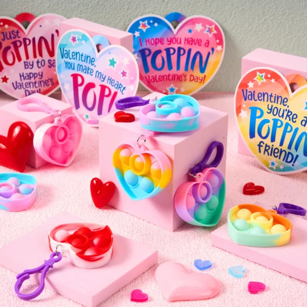 30 Packs Valentine’s Day Gift Cards with Heart Pop Bubble Keychain