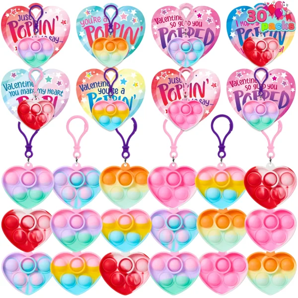 30 Packs Valentine’s Day 6-Design Gift Cards with Heart Pop Bubble Keychain (6)