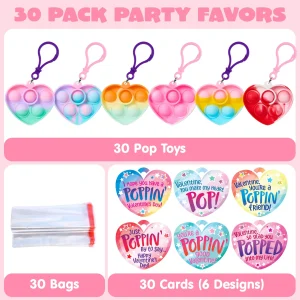 30 Packs Valentine’s Day Gift Cards with Heart Pop Bubble Keychain