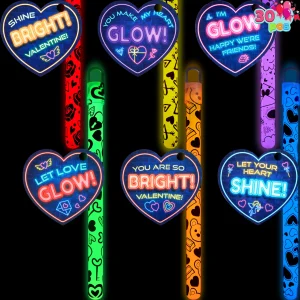 30 Packs Valentine’s Day Gifts Cards with Bright Large Glow Sticks