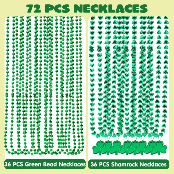 72 Pcs St. Patrick’s Day Necklaces Set, 36 + 36 Bead Necklaces with Pendant