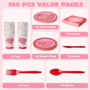 168Pcs Valentine’s Day Tableware Set Party Supplies for Kids