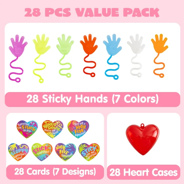 28 Pack Valentine's Day Sticky Hands with Cards, Classroom Exchange Gift for Kids