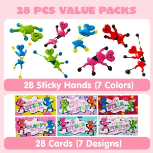28 Pack Valentine’s Day Sticky Man Toys with Cards, Classroom Exchange Gift for Kids