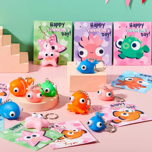 28 Packs Valentine's Day Gift Cards with Sea Animal Unzip Popping Eyes Keychains