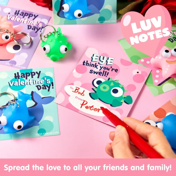 28 Packs Valentine's Day Gift Cards with Sea Animal Unzip Popping Eyes Keychains