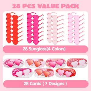 28 Packs Valentine’s Day Heart Shaped Sunglasses with Cards, Classroom Exchange Gift for Kids