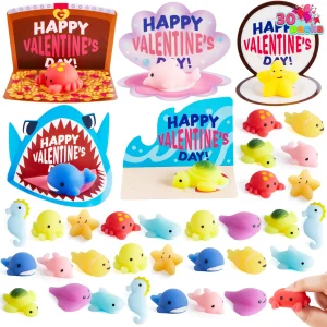 30 Packs Valentine Day Gift Cards with Mochi Squishy Toys for Kids Exchange Prizes